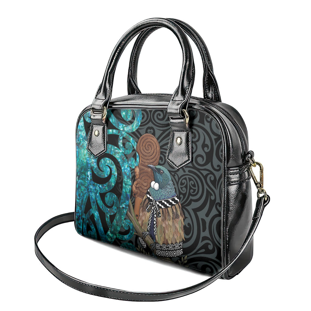 New Zealand Tui Bird Wahaika Shoulder Handbag Maori Weapon Paua Shell Koru Pattern