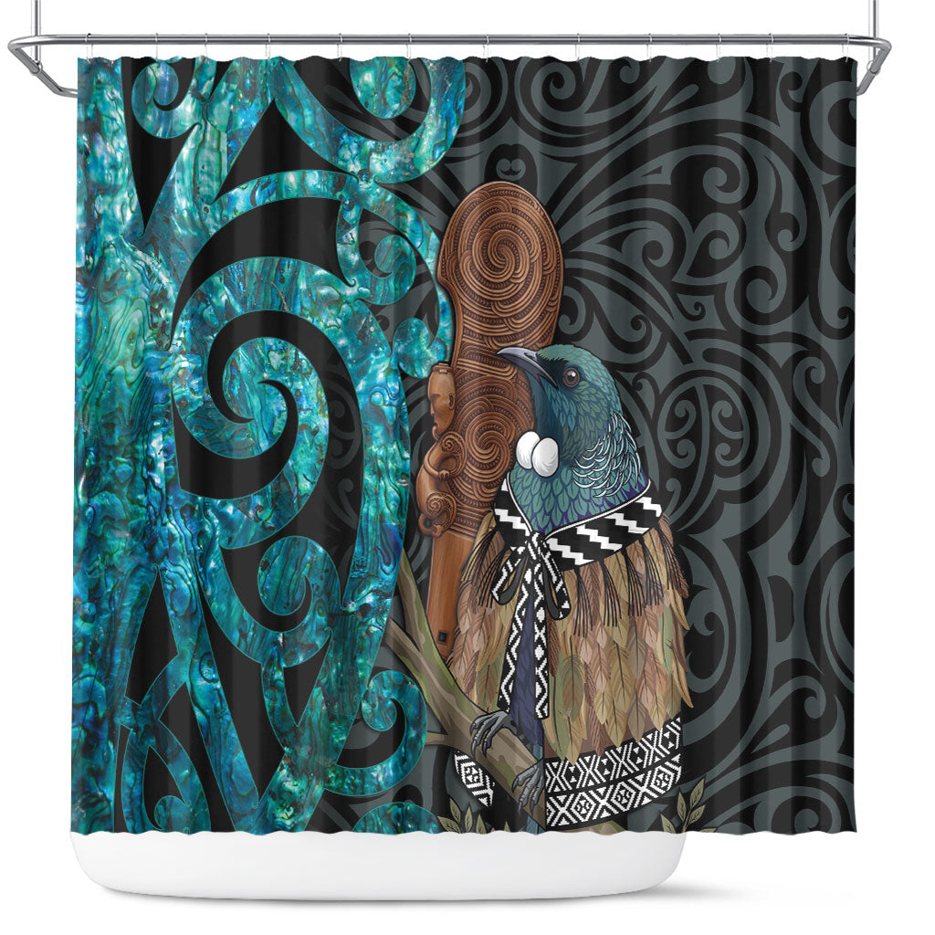 New Zealand Tui Bird Wahaika Shower Curtain Maori Weapon Paua Shell Koru Pattern LT22 Black - Polynesian Pride
