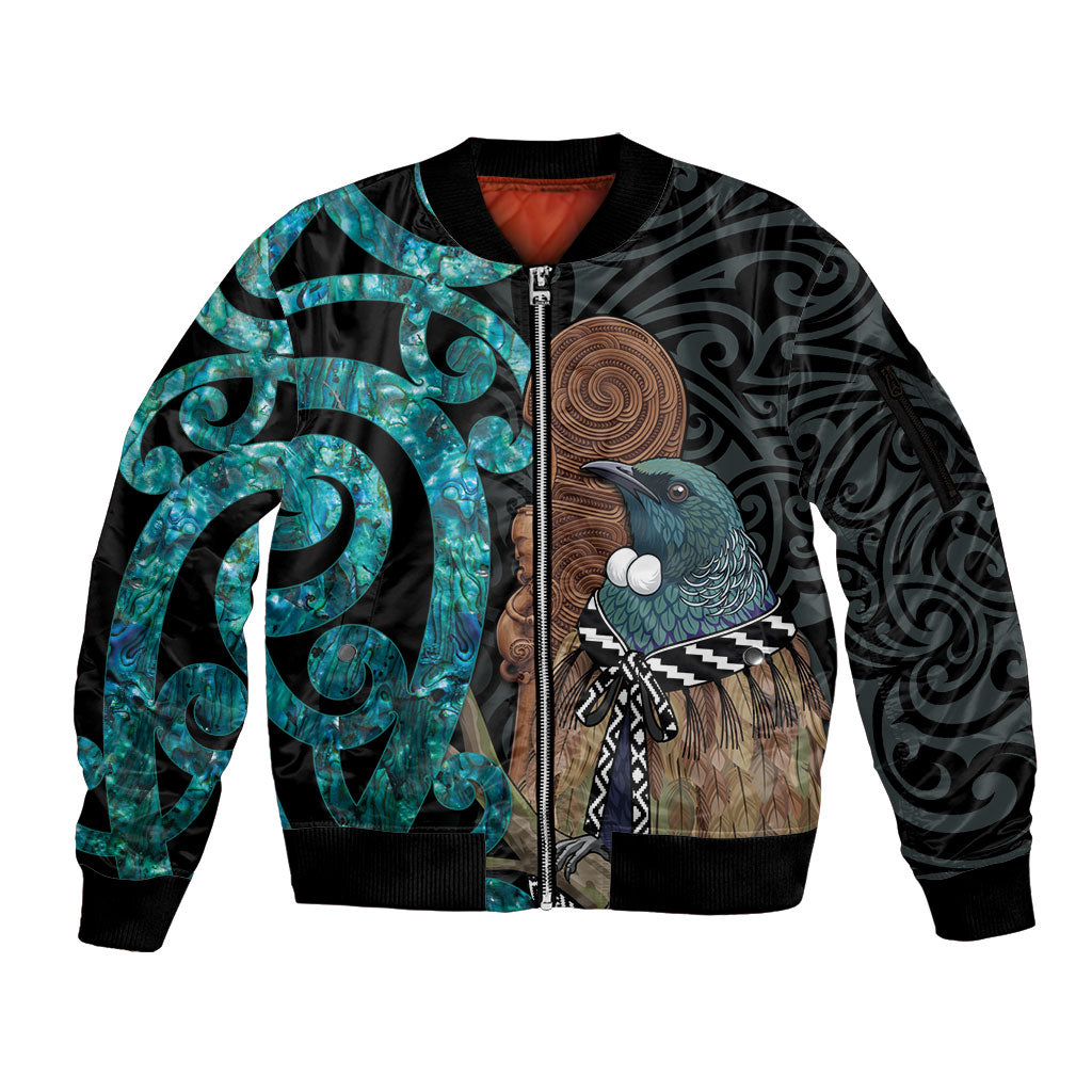 New Zealand Tui Bird Wahaika Sleeve Zip Bomber Jacket Maori Weapon Paua Shell Koru Pattern LT22 Unisex Black - Polynesian Pride