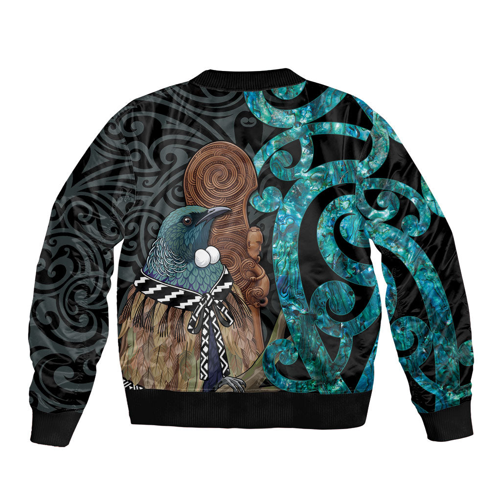 New Zealand Tui Bird Wahaika Sleeve Zip Bomber Jacket Maori Weapon Paua Shell Koru Pattern