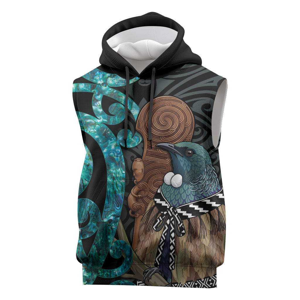 New Zealand Tui Bird Wahaika Sleeveless Hoodie Maori Weapon Paua Shell Koru Pattern LT22 Black - Polynesian Pride