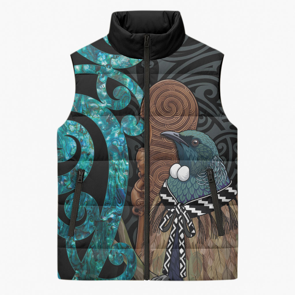 New Zealand Tui Bird Wahaika Sleeveless Puffer Jacket Maori Weapon Paua Shell Koru Pattern LT22 Unisex Black - Polynesian Pride