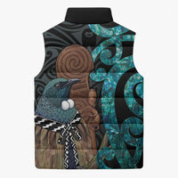 New Zealand Tui Bird Wahaika Sleeveless Puffer Jacket Maori Weapon Paua Shell Koru Pattern