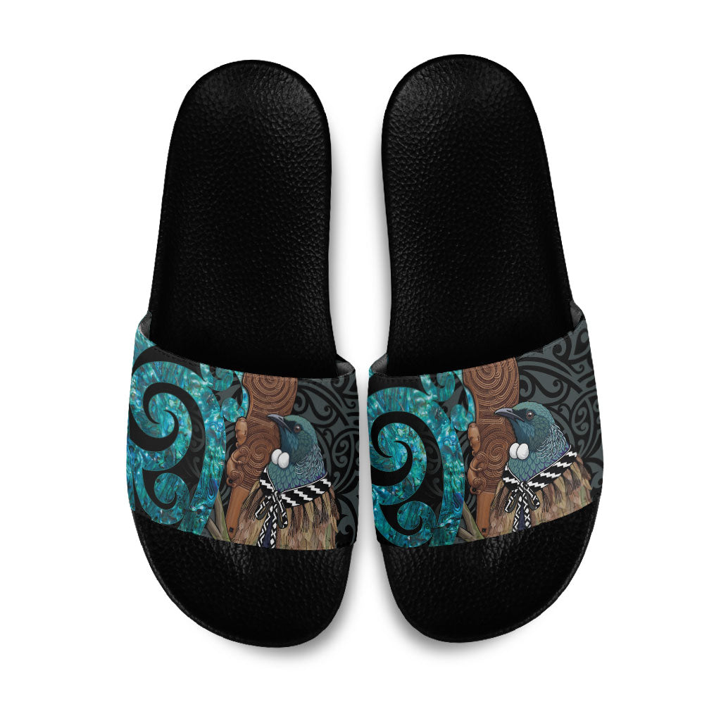 New Zealand Tui Bird Wahaika Slide Sandals Maori Weapon Paua Shell Koru Pattern LT22 Black - Polynesian Pride