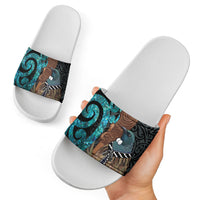 New Zealand Tui Bird Wahaika Slide Sandals Maori Weapon Paua Shell Koru Pattern