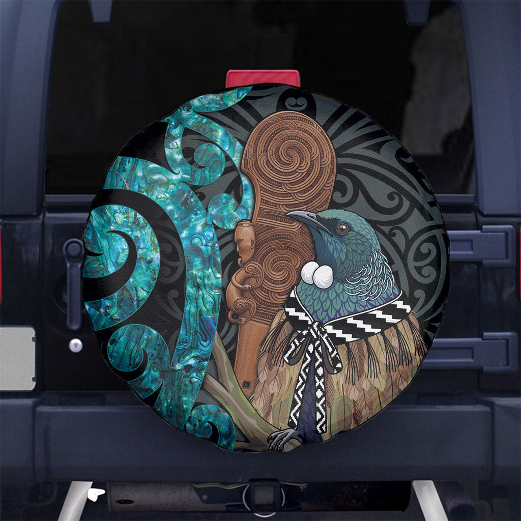 New Zealand Tui Bird Wahaika Spare Tire Cover Maori Weapon Paua Shell Koru Pattern LT22 No hole Black - Polynesian Pride