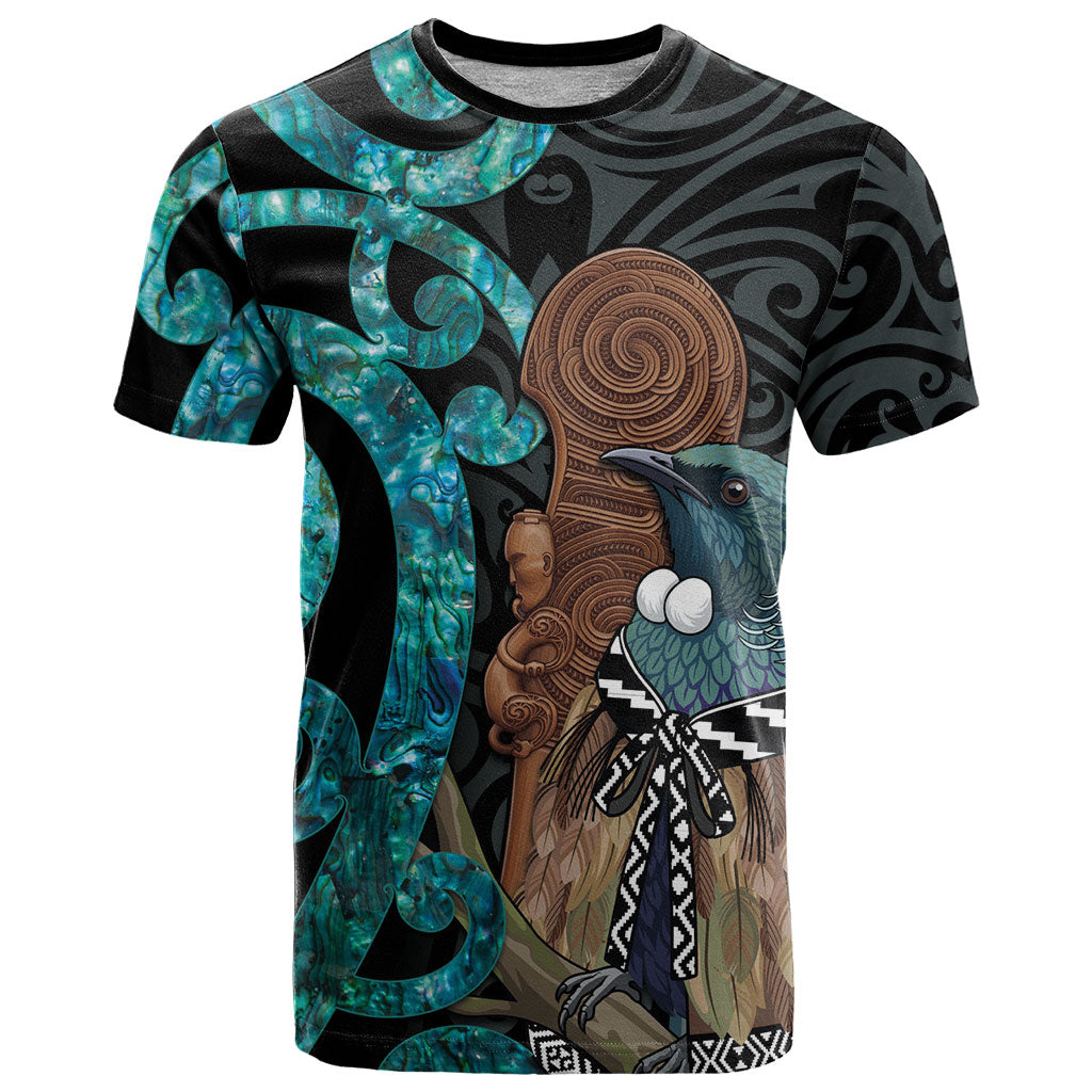 New Zealand Tui Bird Wahaika T Shirt Maori Weapon Paua Shell Koru Pattern LT22 Black - Polynesian Pride