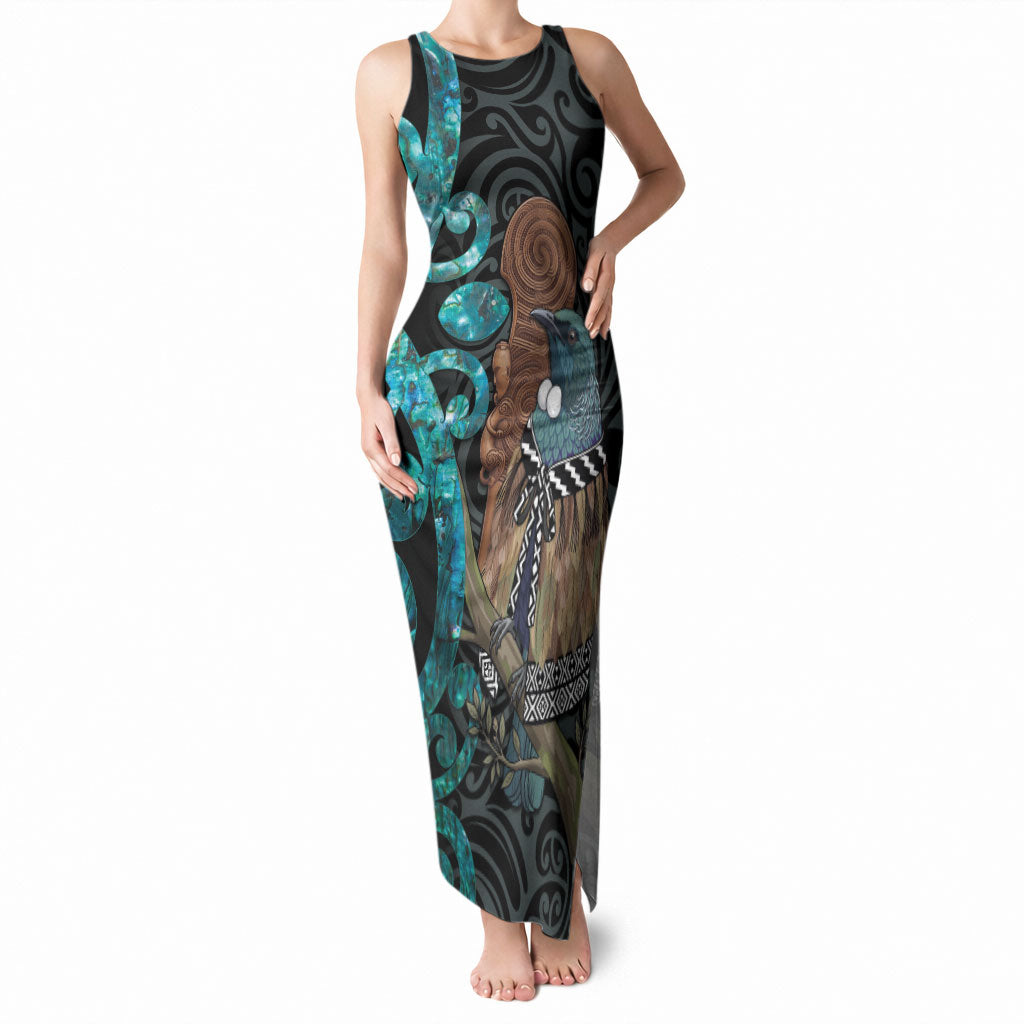 New Zealand Tui Bird Wahaika Tank Maxi Dress Maori Weapon Paua Shell Koru Pattern LT22 Women Black - Polynesian Pride