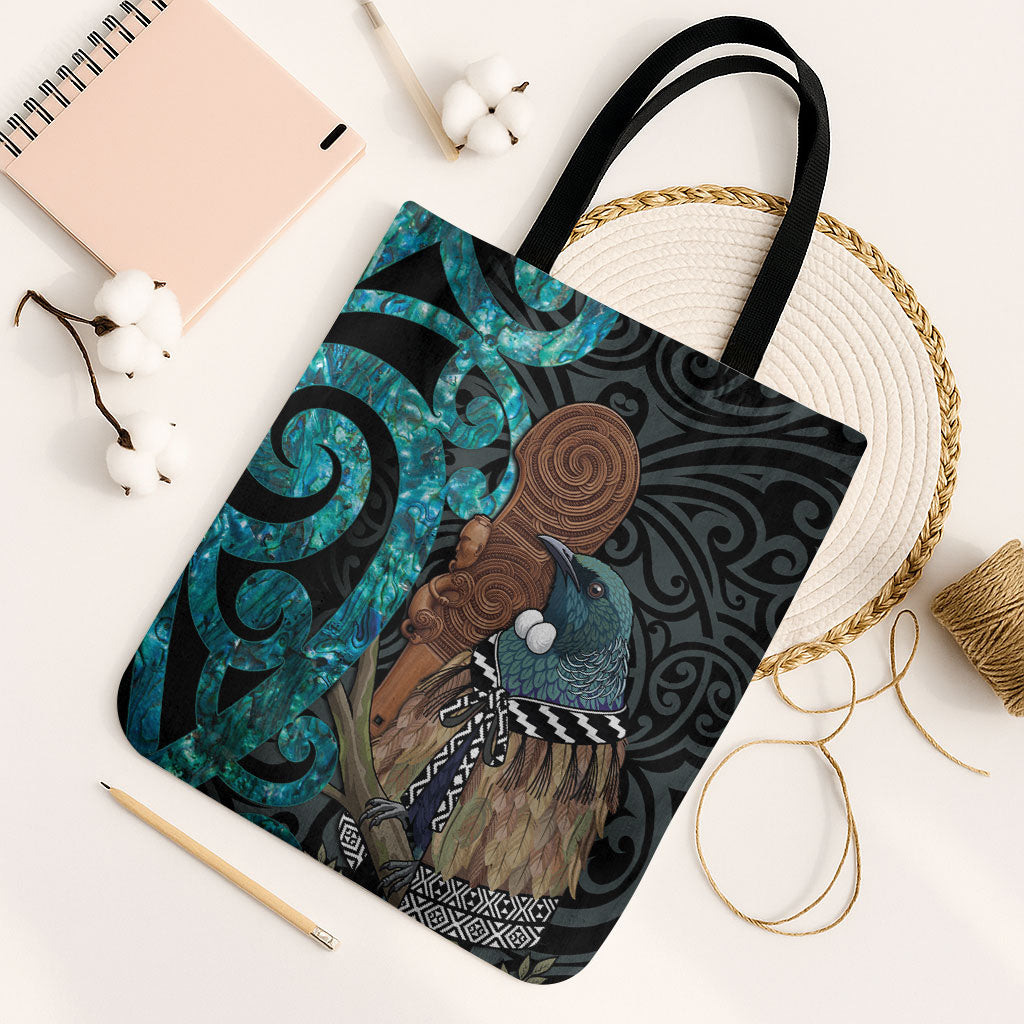 New Zealand Tui Bird Wahaika Tote Bag Maori Weapon Paua Shell Koru Pattern LT22 Black Strap One Size Black - Polynesian Pride