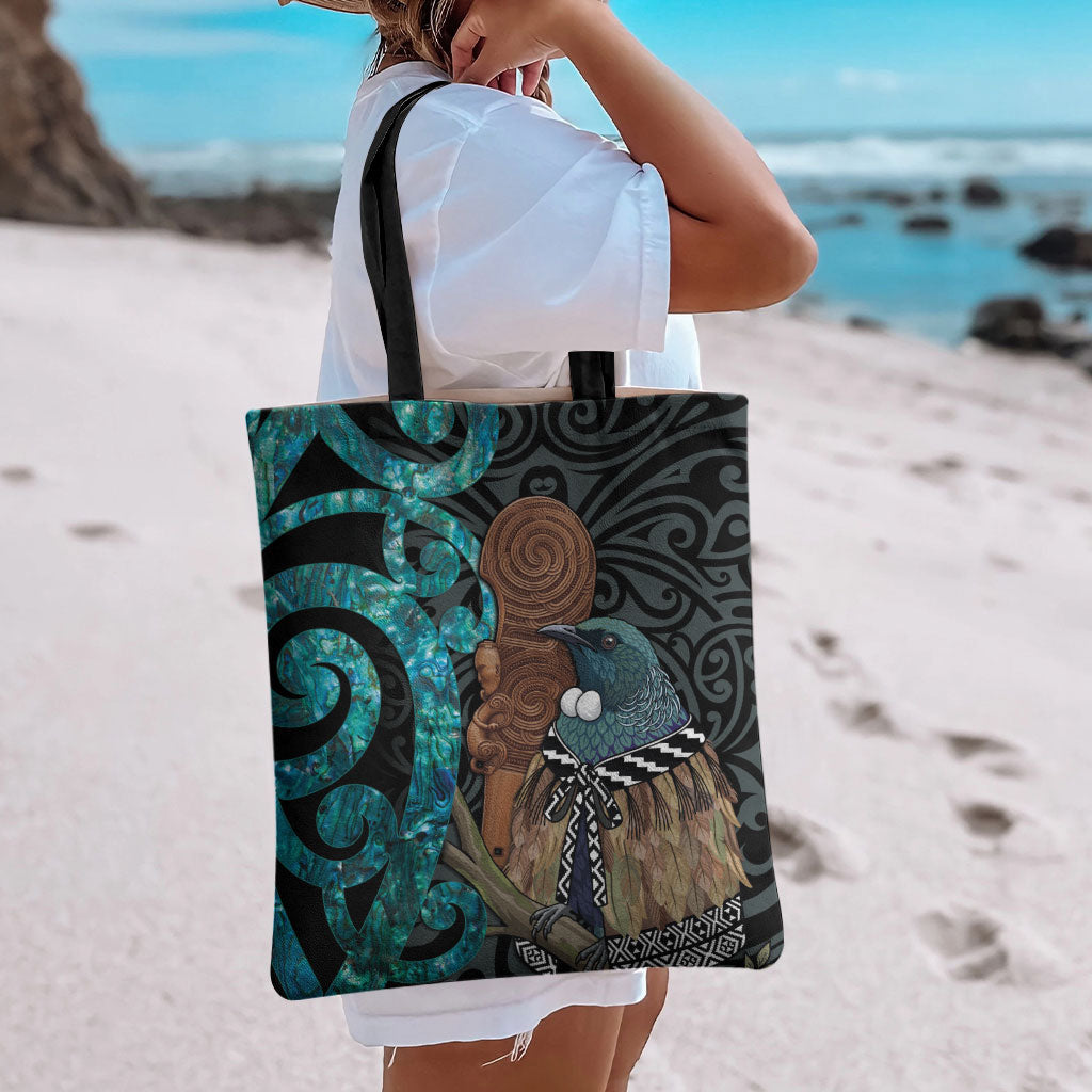 New Zealand Tui Bird Wahaika Tote Bag Maori Weapon Paua Shell Koru Pattern