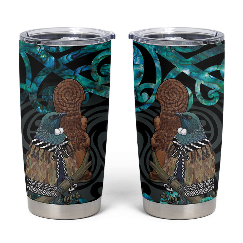 New Zealand Tui Bird Wahaika Tumbler Cup Maori Weapon Paua Shell Koru Pattern LT22 Black - Polynesian Pride