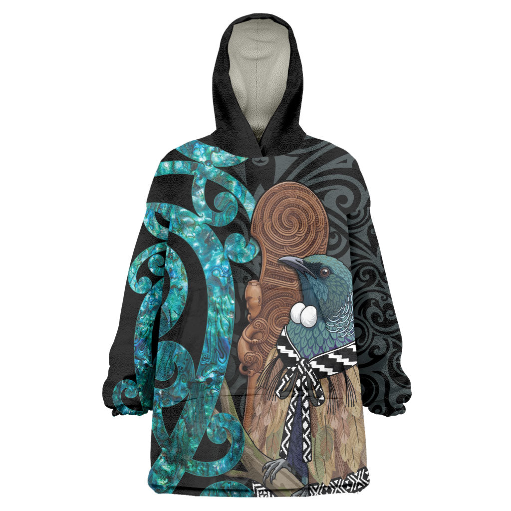 New Zealand Tui Bird Wahaika Wearable Blanket Hoodie Maori Weapon Paua Shell Koru Pattern LT22 One Size Black - Polynesian Pride