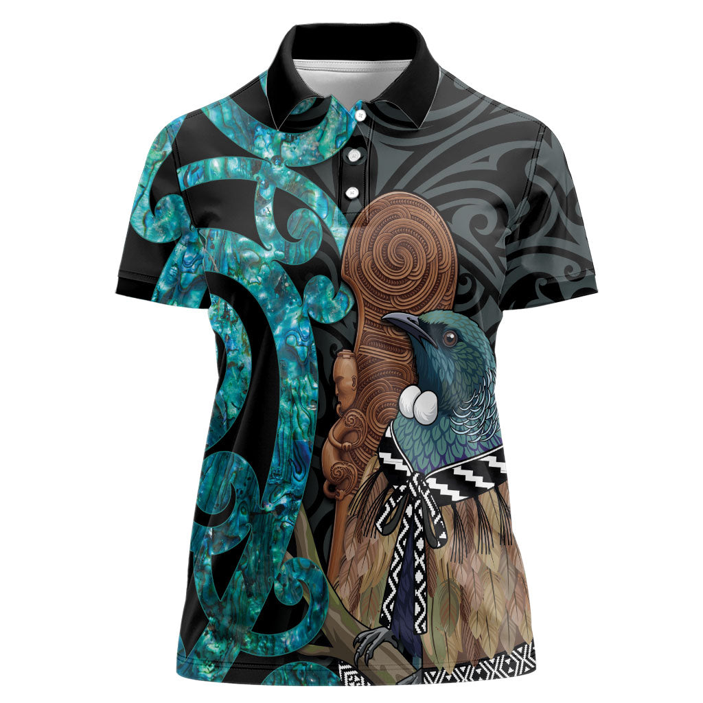 New Zealand Tui Bird Wahaika Women Polo Shirt Maori Weapon Paua Shell Koru Pattern LT22 Female Black - Polynesian Pride