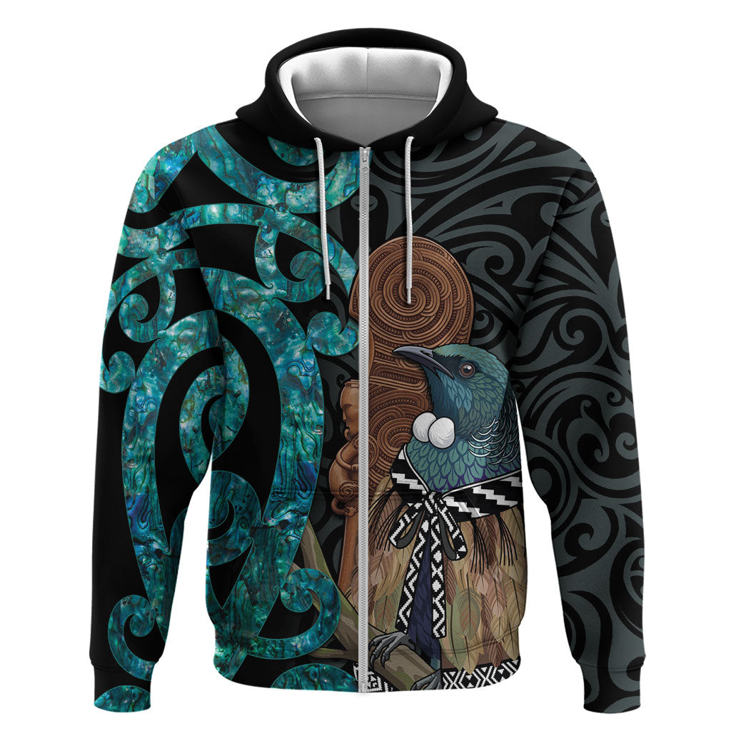 New Zealand Tui Bird Wahaika Zip Hoodie Maori Weapon Paua Shell Koru Pattern LT22 Zip Hoodie Black - Polynesian Pride