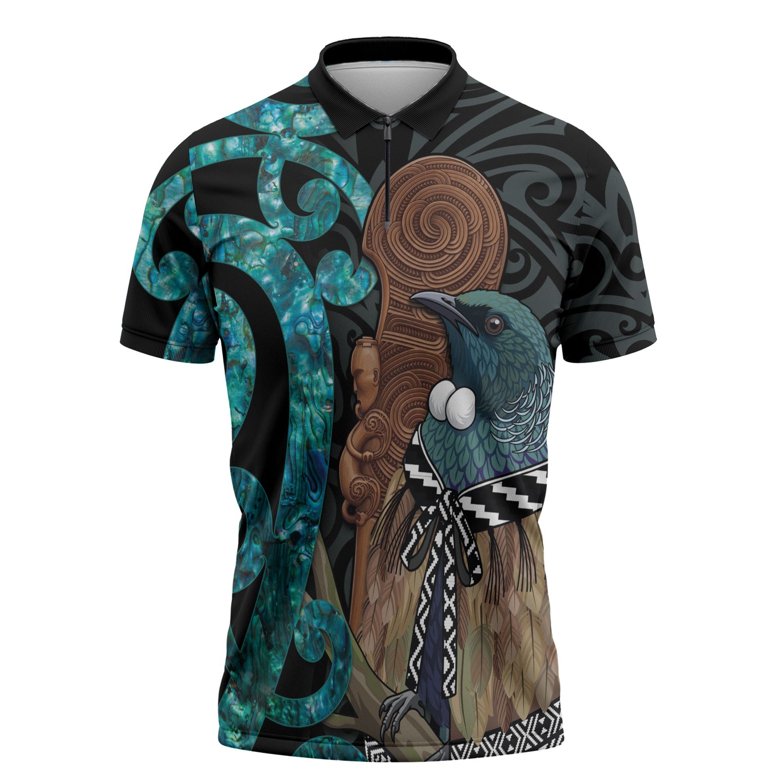 New Zealand Tui Bird Wahaika Zipper Polo Shirt Maori Weapon Paua Shell Koru Pattern LT22 Black - Polynesian Pride