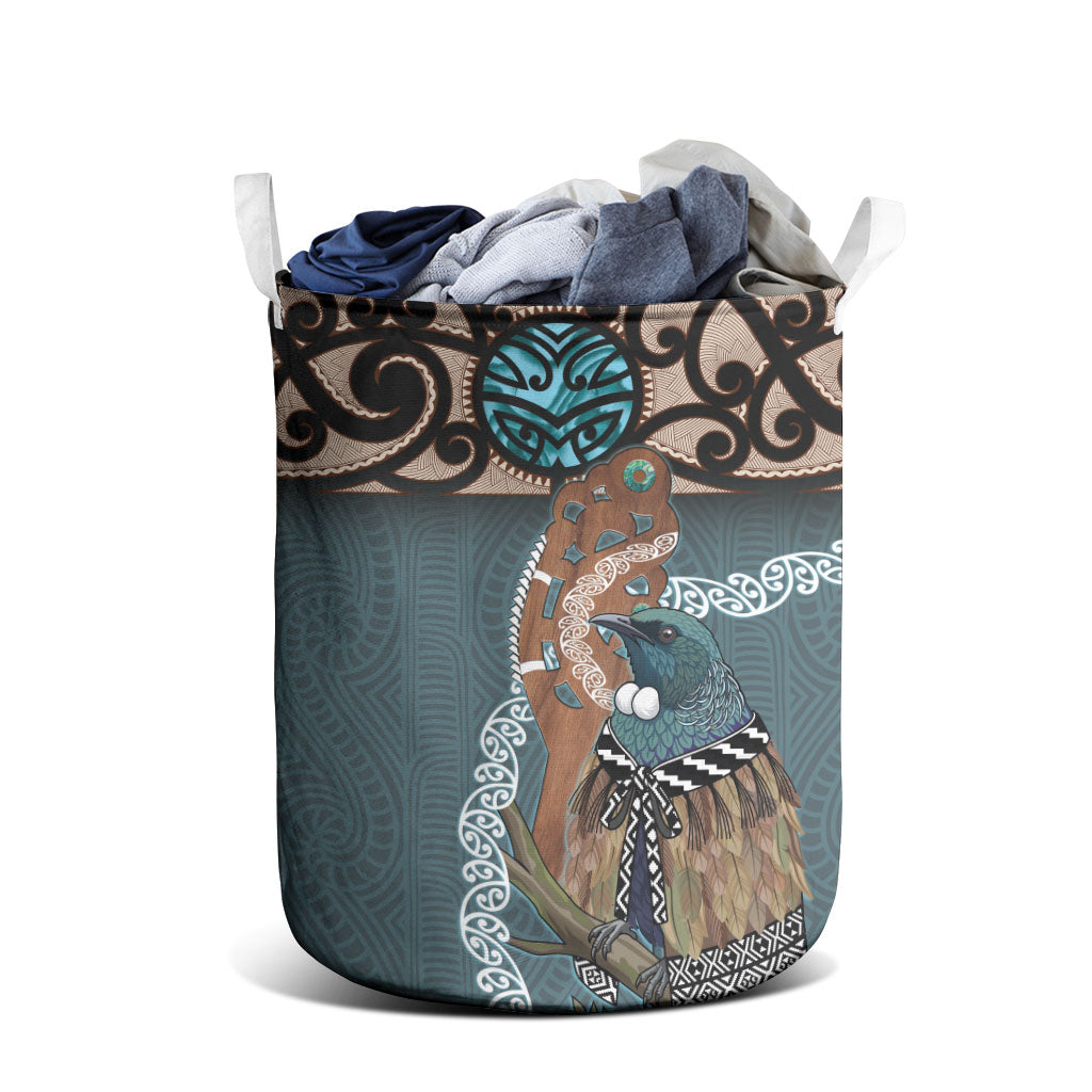 New Zealand Tui Bird Maripi Laundry Basket Maori Weapon Kowhaiwhai Pattern