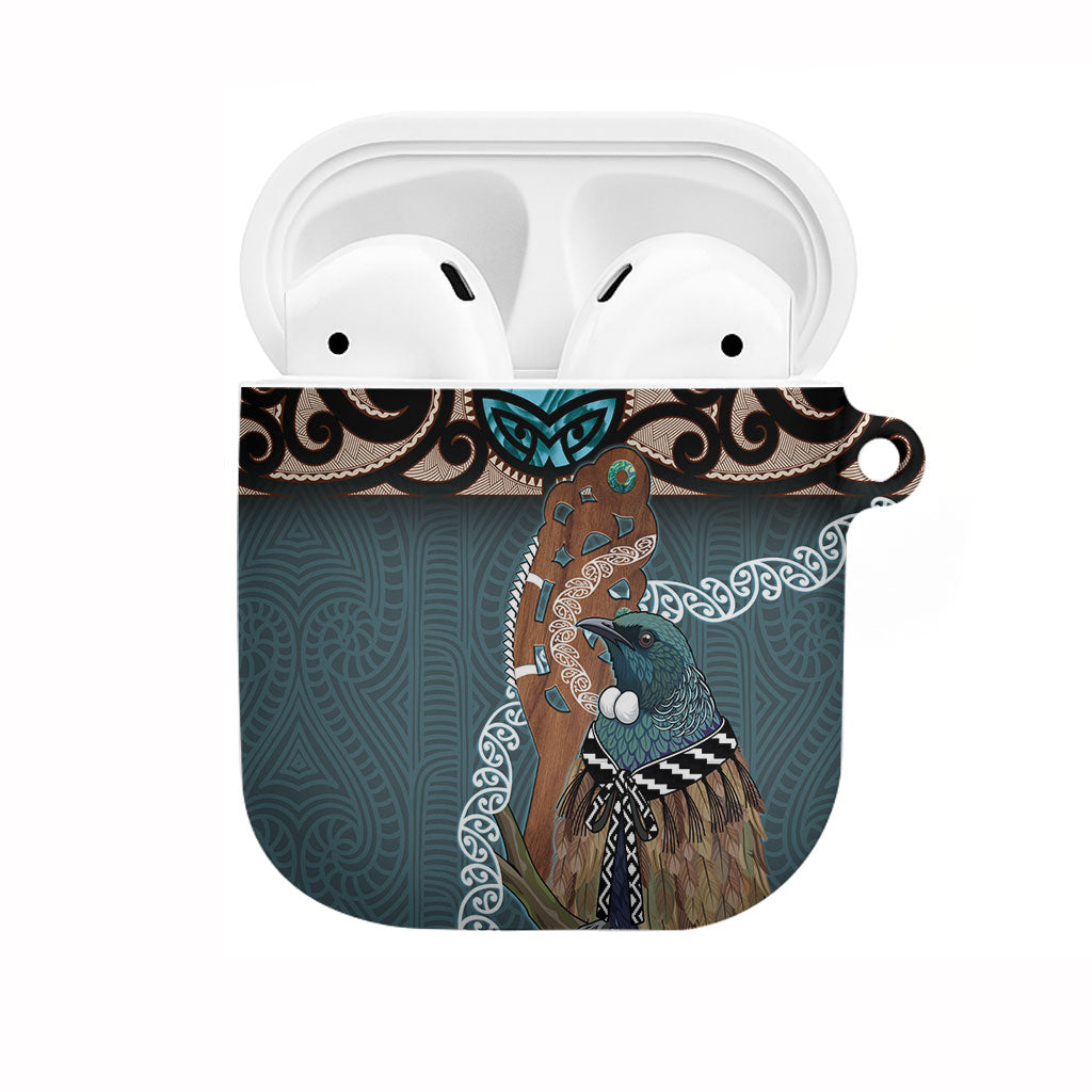 New Zealand Tui Bird Maripi AirPods Case Maori Weapon Kowhaiwhai Pattern LT22 Slate Blue - Polynesian Pride
