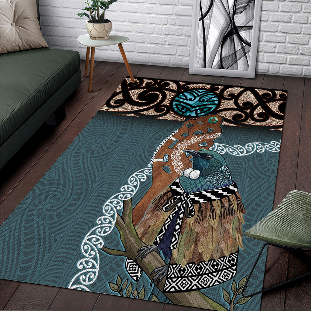 New Zealand Tui Bird Maripi Area Rug Maori Weapon Kowhaiwhai Pattern LT22 Slate Blue - Polynesian Pride