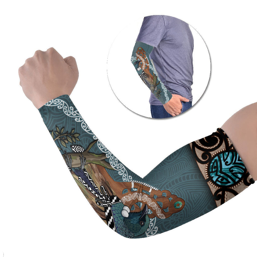 New Zealand Tui Bird Maripi Arm Sleeves Maori Weapon Kowhaiwhai Pattern LT22 Set of 2 Slate Blue - Polynesian Pride