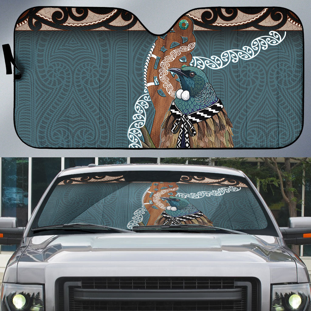 New Zealand Tui Bird Maripi Auto Sun Shade Maori Weapon Kowhaiwhai Pattern LT22 Slate Blue - Polynesian Pride
