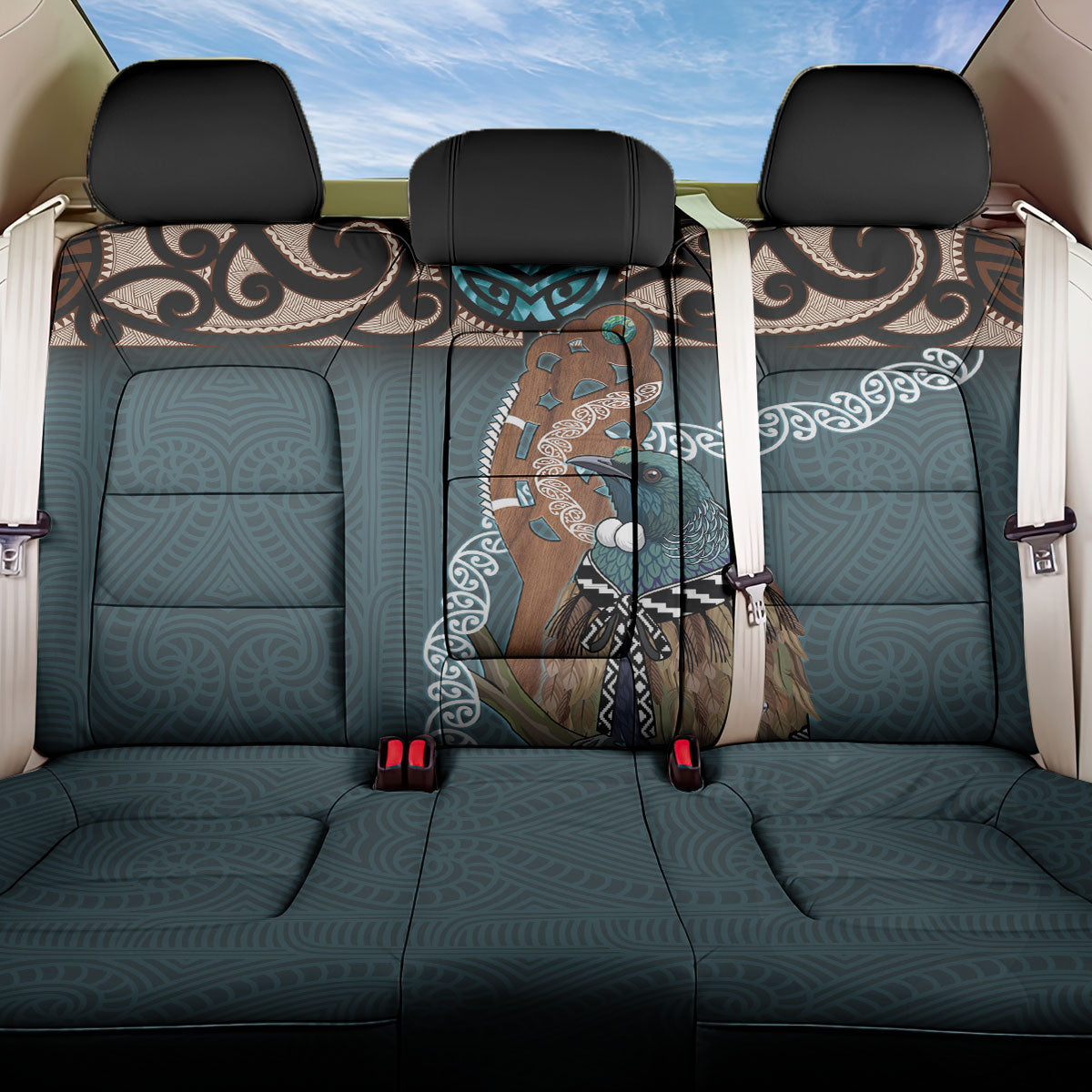 New Zealand Tui Bird Maripi Back Car Seat Cover Maori Weapon Kowhaiwhai Pattern LT22 One Size Slate Blue - Polynesian Pride