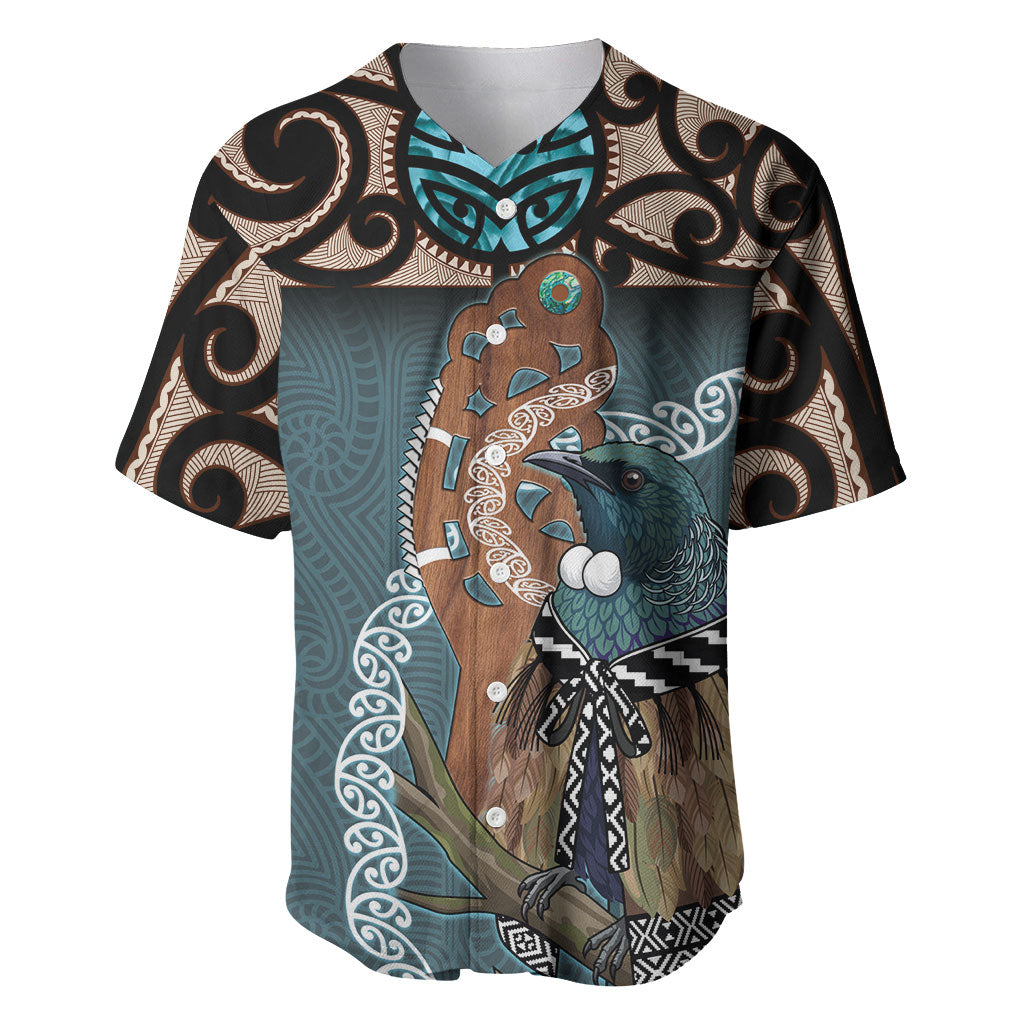 New Zealand Tui Bird Maripi Baseball Jersey Maori Weapon Kowhaiwhai Pattern LT22 Slate Blue - Polynesian Pride
