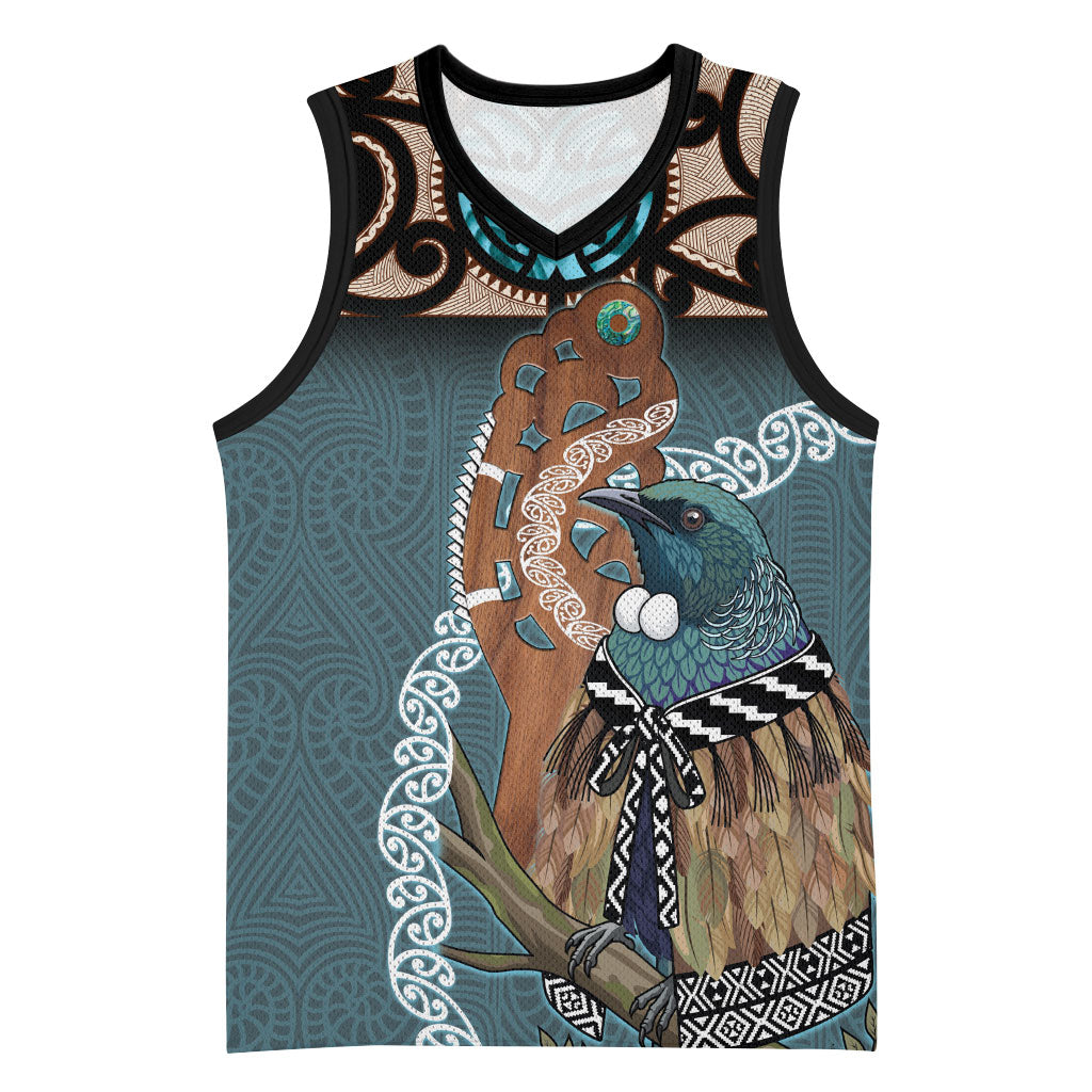 New Zealand Tui Bird Maripi Basketball Jersey Maori Weapon Kowhaiwhai Pattern LT22 Unisex Slate Blue - Polynesian Pride