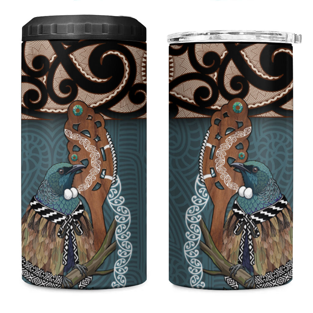 New Zealand Tui Bird Maripi 4 in 1 Can Cooler Tumbler Maori Weapon Kowhaiwhai Pattern LT22 One Size: 16 oz Slate Blue - Polynesian Pride