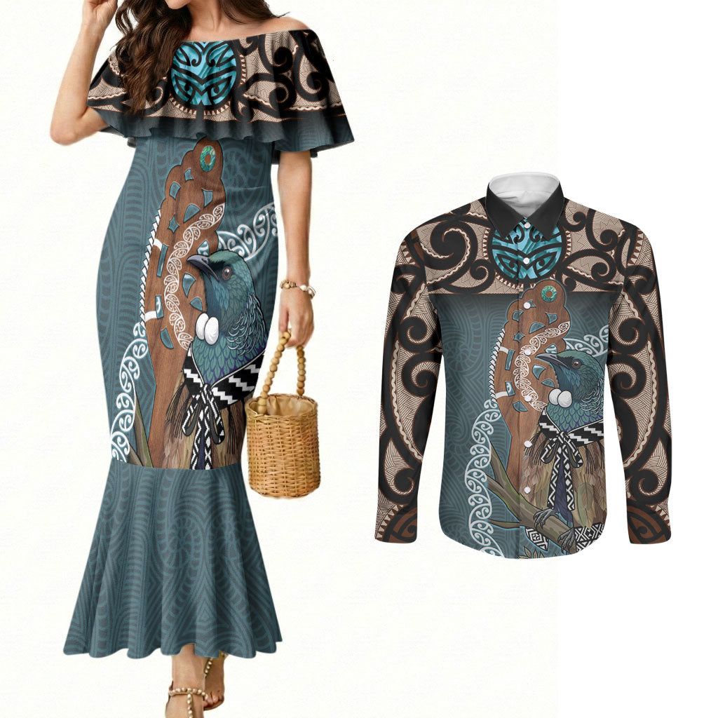 New Zealand Tui Bird Maripi Couples Matching Mermaid Dress and Long Sleeve Button Shirt Maori Weapon Kowhaiwhai Pattern LT22 Slate Blue - Polynesian Pride