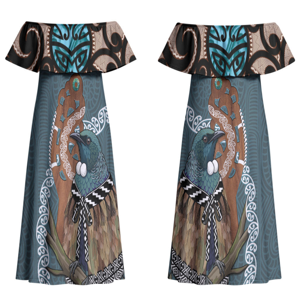 New Zealand Tui Bird Maripi Couples Matching Off Shoulder Maxi Dress and Hawaiian Shirt Maori Weapon Kowhaiwhai Pattern