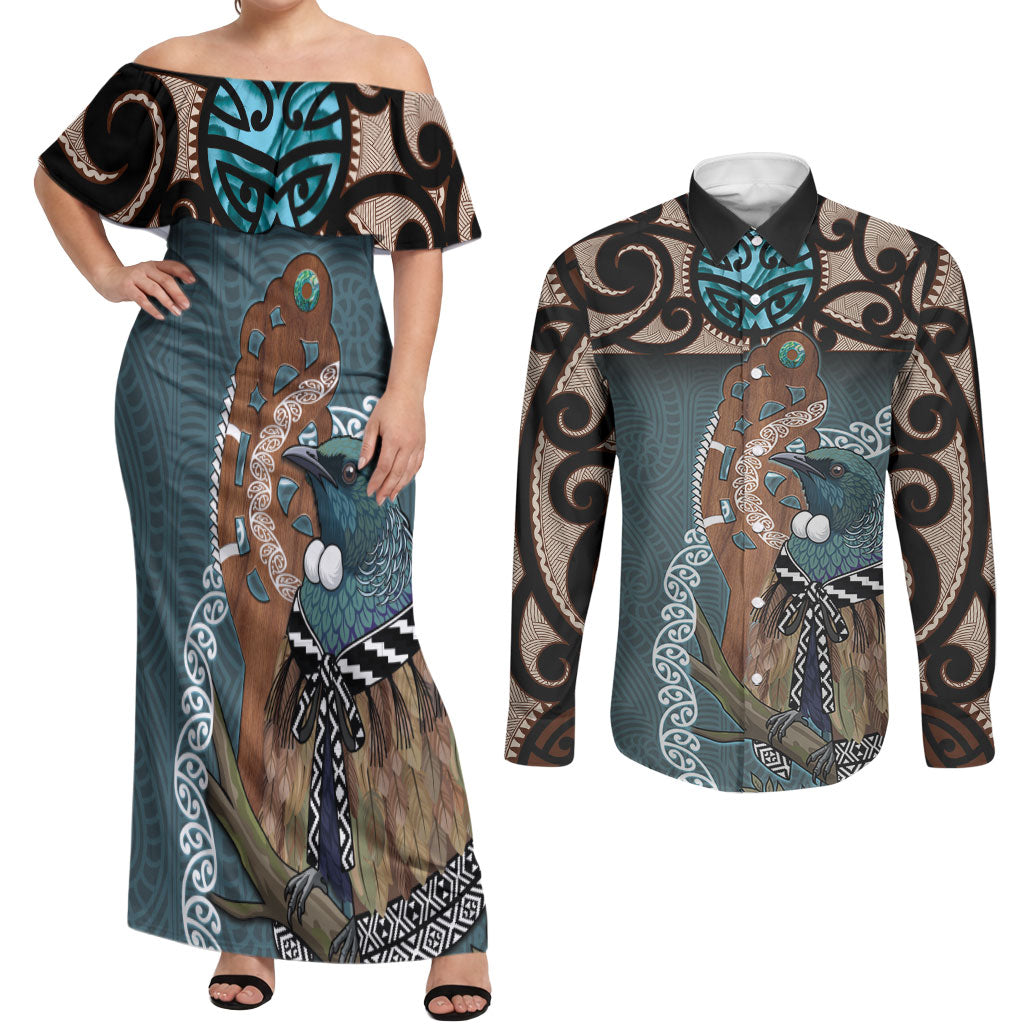 New Zealand Tui Bird Maripi Couples Matching Off Shoulder Maxi Dress and Long Sleeve Button Shirt Maori Weapon Kowhaiwhai Pattern LT22 Slate Blue - Polynesian Pride
