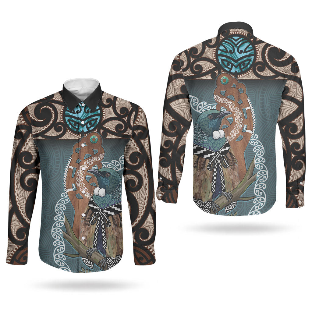 New Zealand Tui Bird Maripi Couples Matching Off Shoulder Maxi Dress and Long Sleeve Button Shirt Maori Weapon Kowhaiwhai Pattern