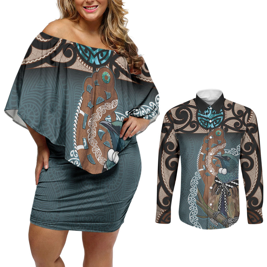 New Zealand Tui Bird Maripi Couples Matching Off Shoulder Short Dress and Long Sleeve Button Shirt Maori Weapon Kowhaiwhai Pattern LT22 Slate Blue - Polynesian Pride