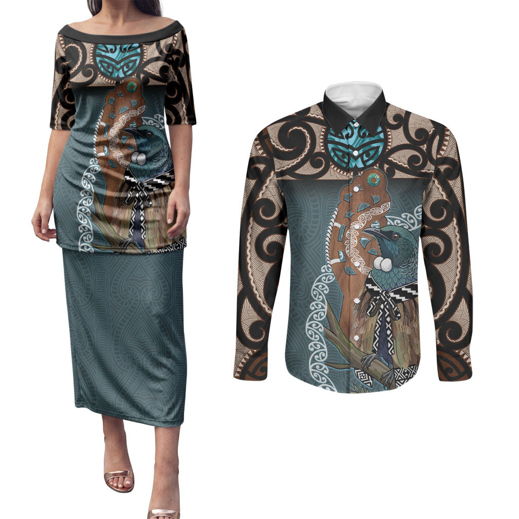 New Zealand Tui Bird Maripi Couples Matching Puletasi and Long Sleeve Button Shirt Maori Weapon Kowhaiwhai Pattern LT22 Slate Blue - Polynesian Pride