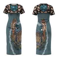 New Zealand Tui Bird Maripi Couples Matching Short Sleeve Bodycon Dress and Long Sleeve Button Shirt Maori Weapon Kowhaiwhai Pattern
