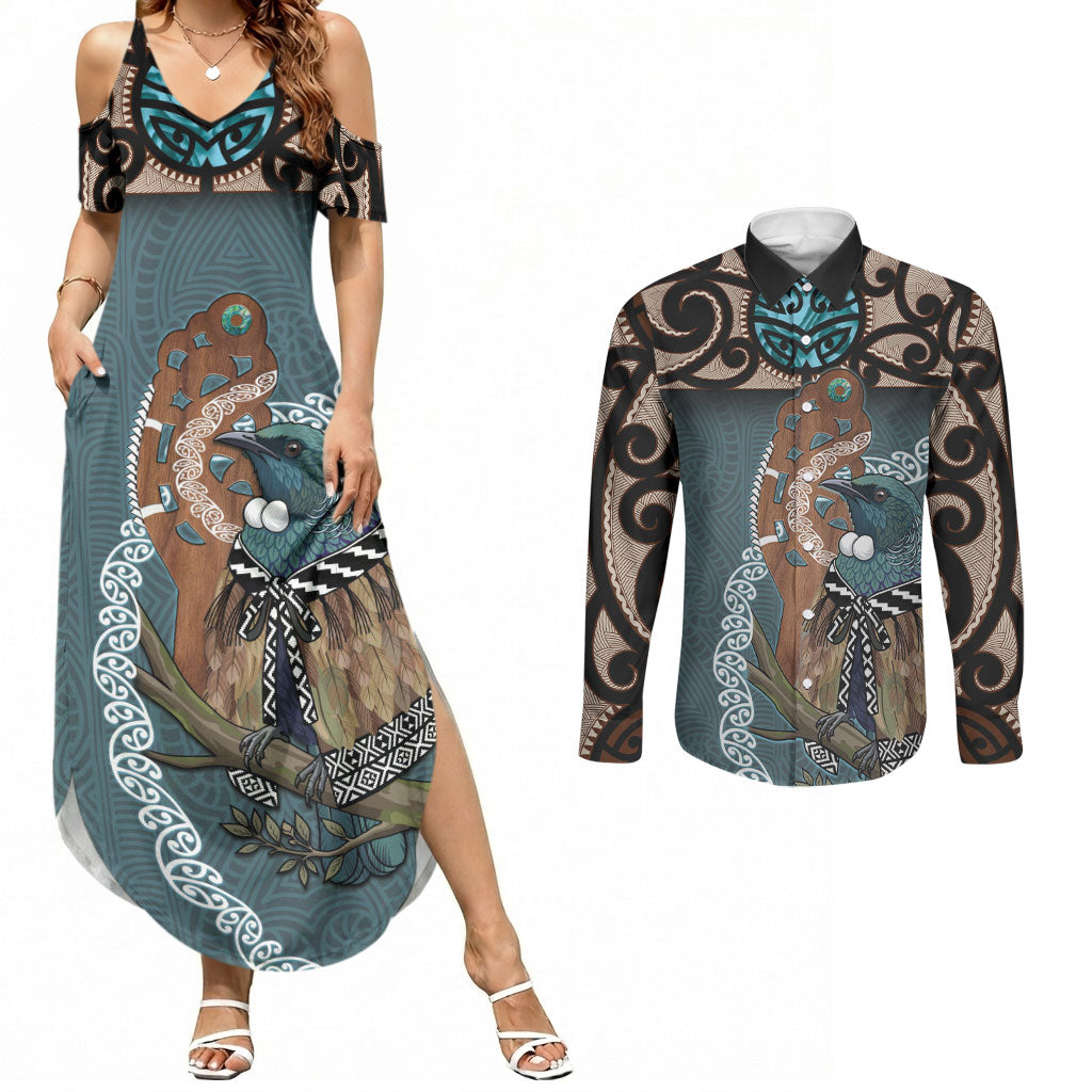 New Zealand Tui Bird Maripi Couples Matching Summer Maxi Dress and Long Sleeve Button Shirt Maori Weapon Kowhaiwhai Pattern LT22 Slate Blue - Polynesian Pride