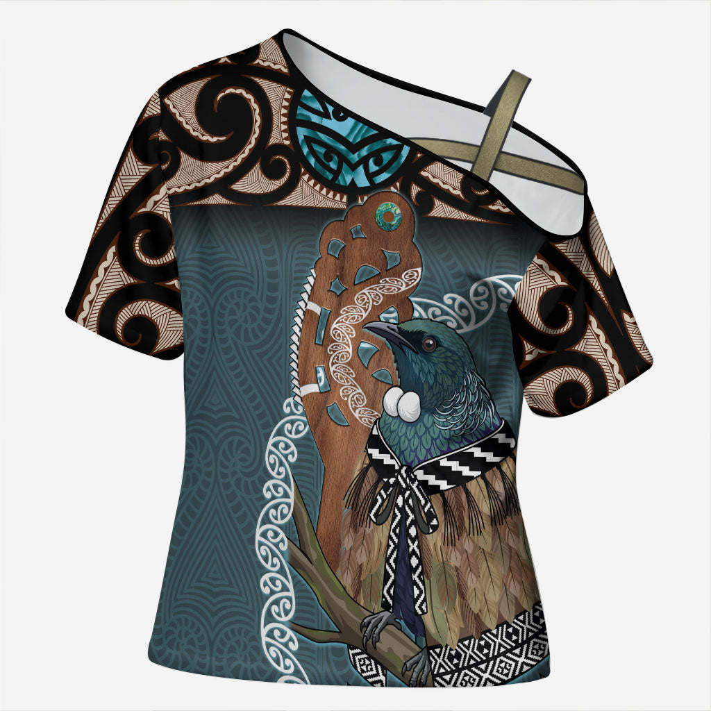 New Zealand Tui Bird Maripi Cross Shoulder Shirt Maori Weapon Kowhaiwhai Pattern LT22 Female Slate Blue - Polynesian Pride