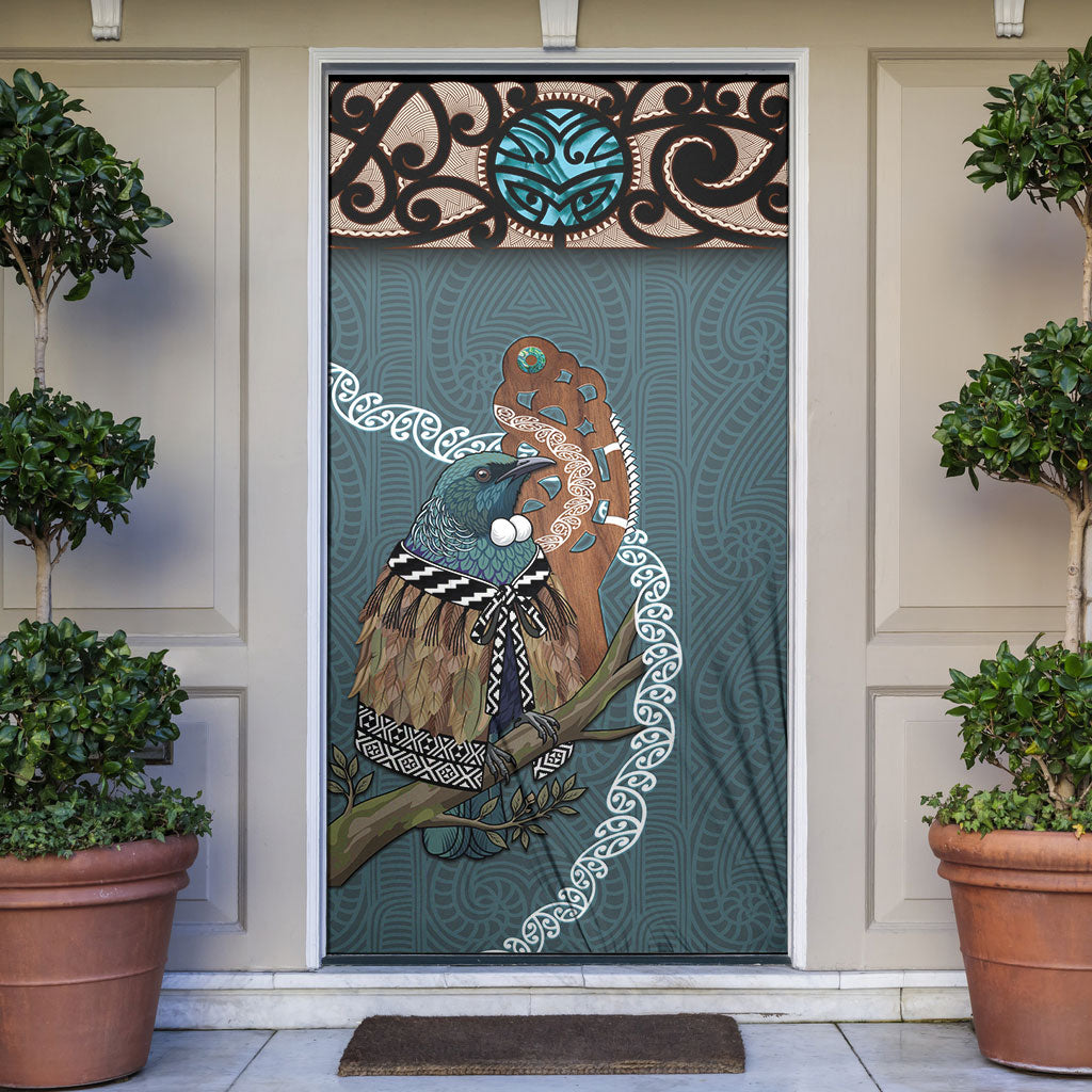 New Zealand Tui Bird Maripi Door Cover Maori Weapon Kowhaiwhai Pattern LT22 Slate Blue - Polynesian Pride
