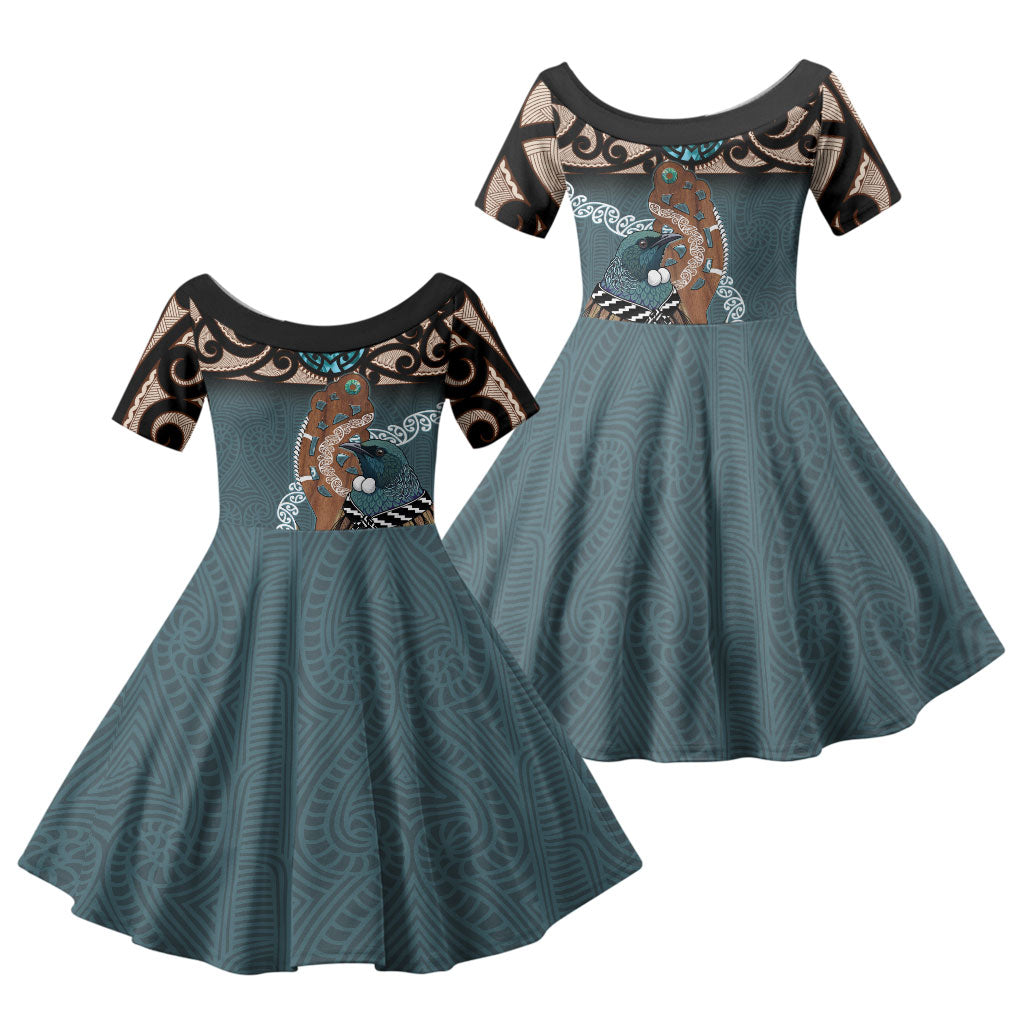 New Zealand Tui Bird Maripi Family Matching Off Shoulder Short Dress and Hawaiian Shirt Maori Weapon Kowhaiwhai Pattern