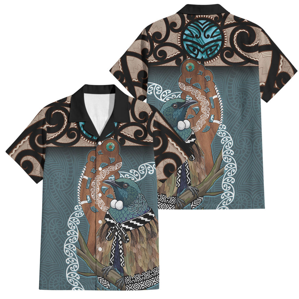 New Zealand Tui Bird Maripi Family Matching Short Sleeve Bodycon Dress and Hawaiian Shirt Maori Weapon Kowhaiwhai Pattern