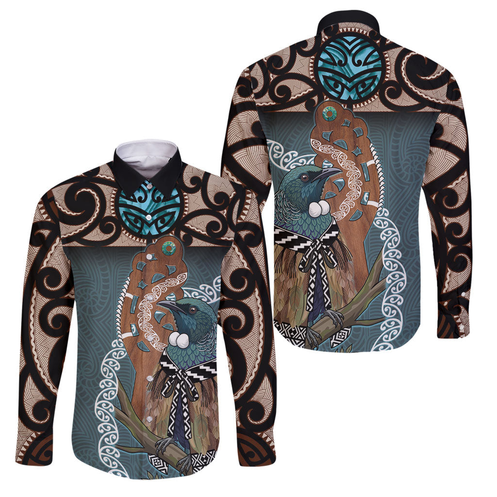 New Zealand Tui Bird Maripi Family Matching Short Sleeve Bodycon Dress and Hawaiian Shirt Maori Weapon Kowhaiwhai Pattern