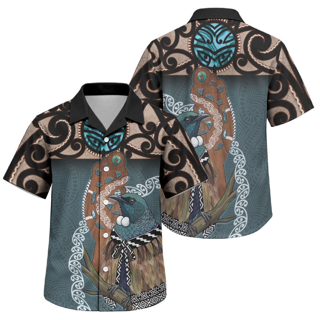 New Zealand Tui Bird Maripi Family Matching Tank Maxi Dress and Hawaiian Shirt Maori Weapon Kowhaiwhai Pattern