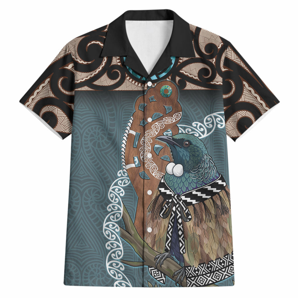New Zealand Tui Bird Maripi Hawaiian Shirt Maori Weapon Kowhaiwhai Pattern LT22 Slate Blue - Polynesian Pride