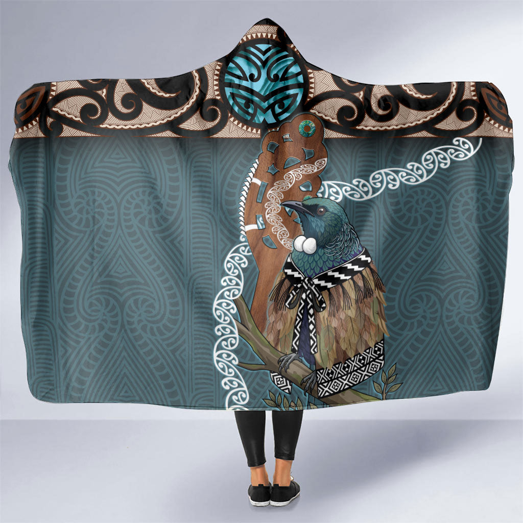 New Zealand Tui Bird Maripi Hooded Blanket Maori Weapon Kowhaiwhai Pattern LT22 One Size Slate Blue - Polynesian Pride