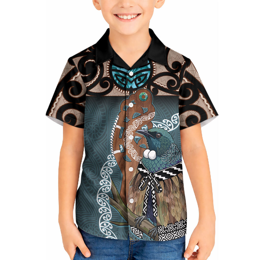 New Zealand Tui Bird Maripi Kid Hawaiian Shirt Maori Weapon Kowhaiwhai Pattern LT22 Kid Slate Blue - Polynesian Pride