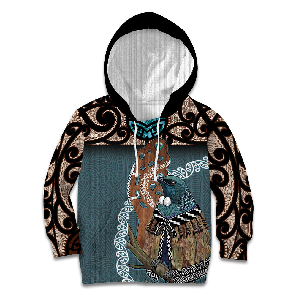 New Zealand Tui Bird Maripi Kid Hoodie Maori Weapon Kowhaiwhai Pattern LT22 Hoodie Slate Blue - Polynesian Pride