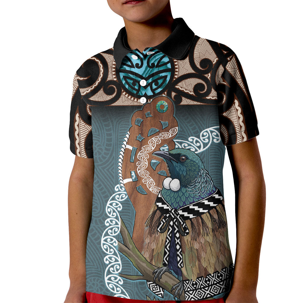 New Zealand Tui Bird Maripi Kid Polo Shirt Maori Weapon Kowhaiwhai Pattern LT22 Kid Slate Blue - Polynesian Pride