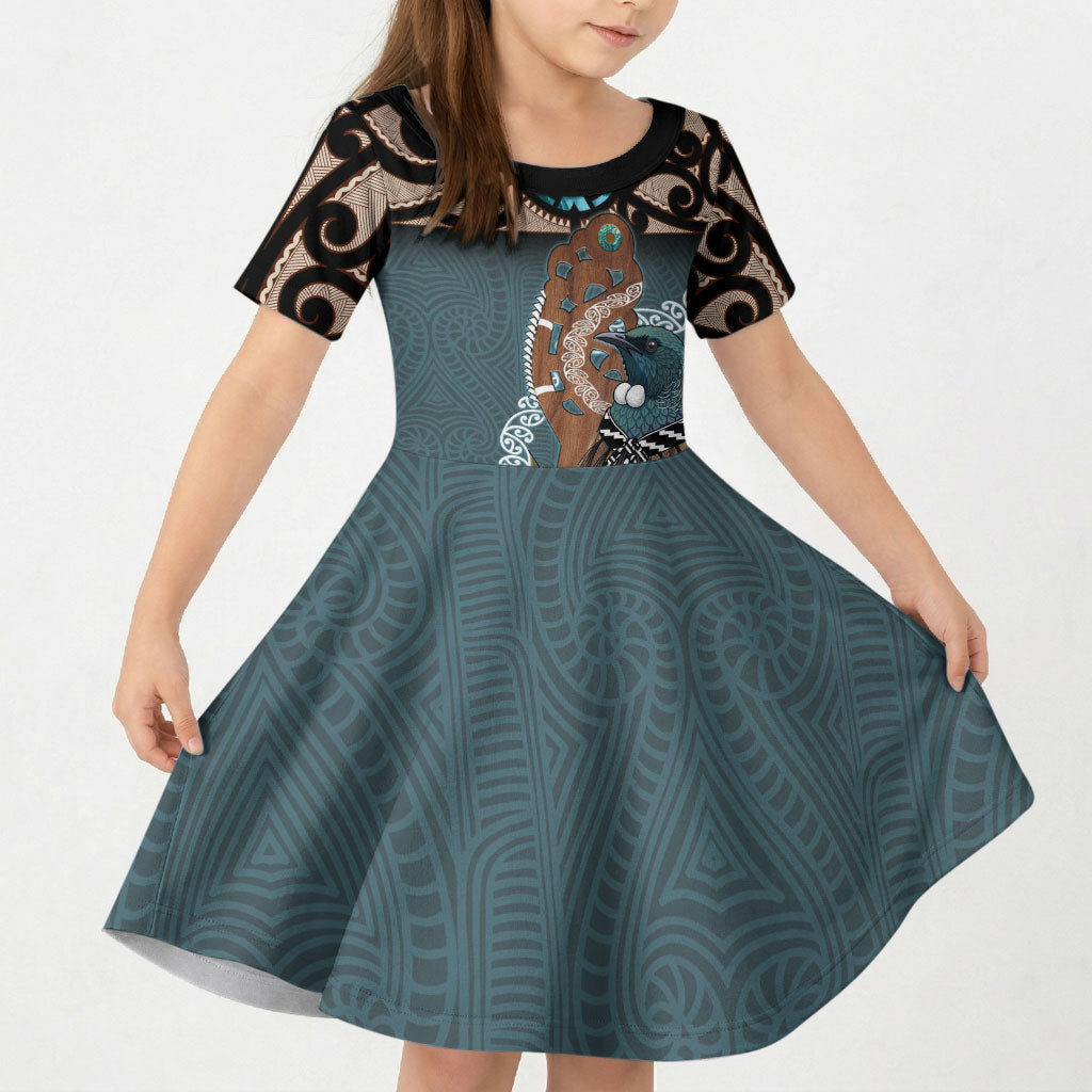 New Zealand Tui Bird Maripi Kid Short Sleeve Dress Maori Weapon Kowhaiwhai Pattern LT22 KID Slate Blue - Polynesian Pride