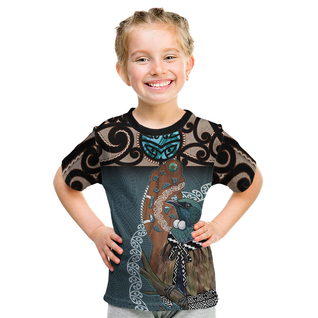 New Zealand Tui Bird Maripi Kid T Shirt Maori Weapon Kowhaiwhai Pattern LT22 Slate Blue - Polynesian Pride