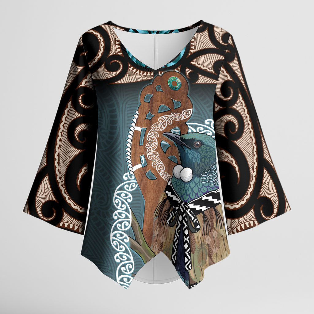 New Zealand Tui Bird Maripi Kimono Sleeve Blouse Maori Weapon Kowhaiwhai Pattern LT22 Female Slate Blue - Polynesian Pride